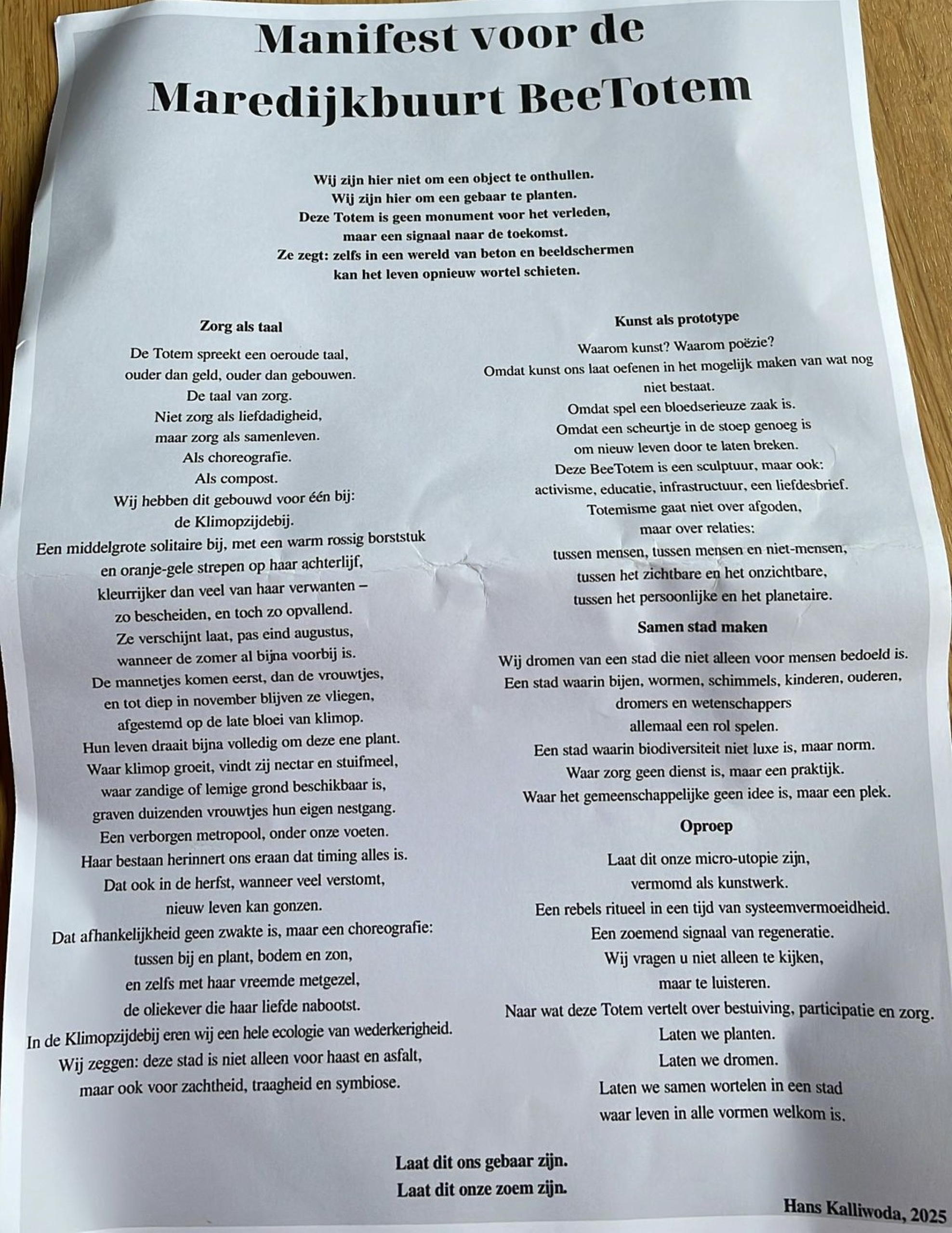 Foto van tekst Manifest voor de Maredijkbuurt BeeTotem