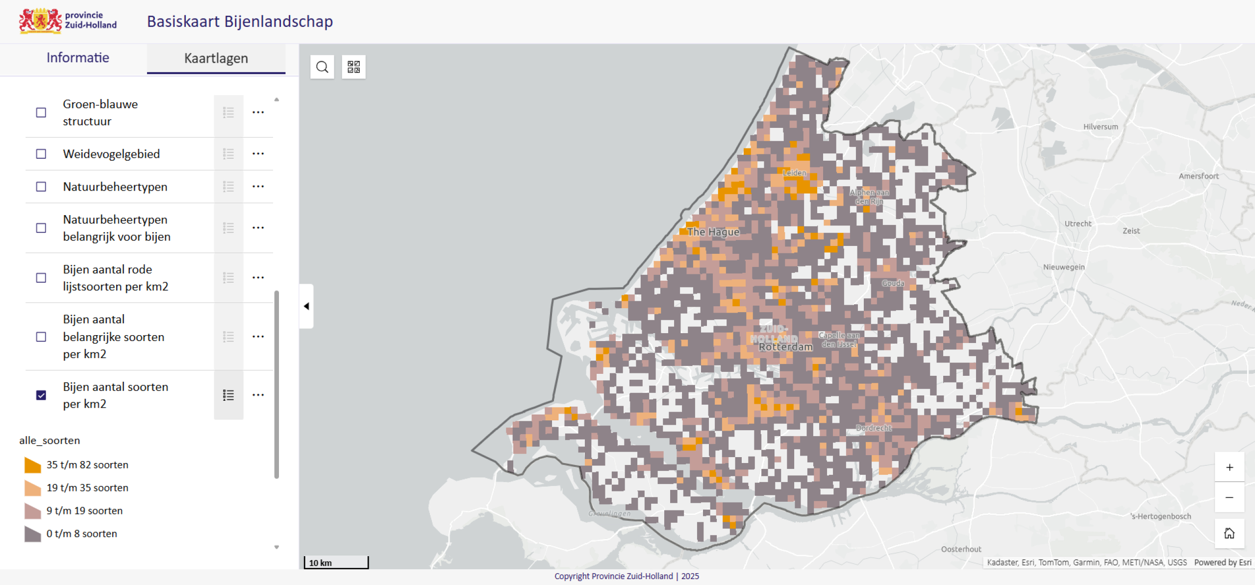 Kaart Zuid-Holland met het aantal bijensorten in hokken van een vierkante kilometer