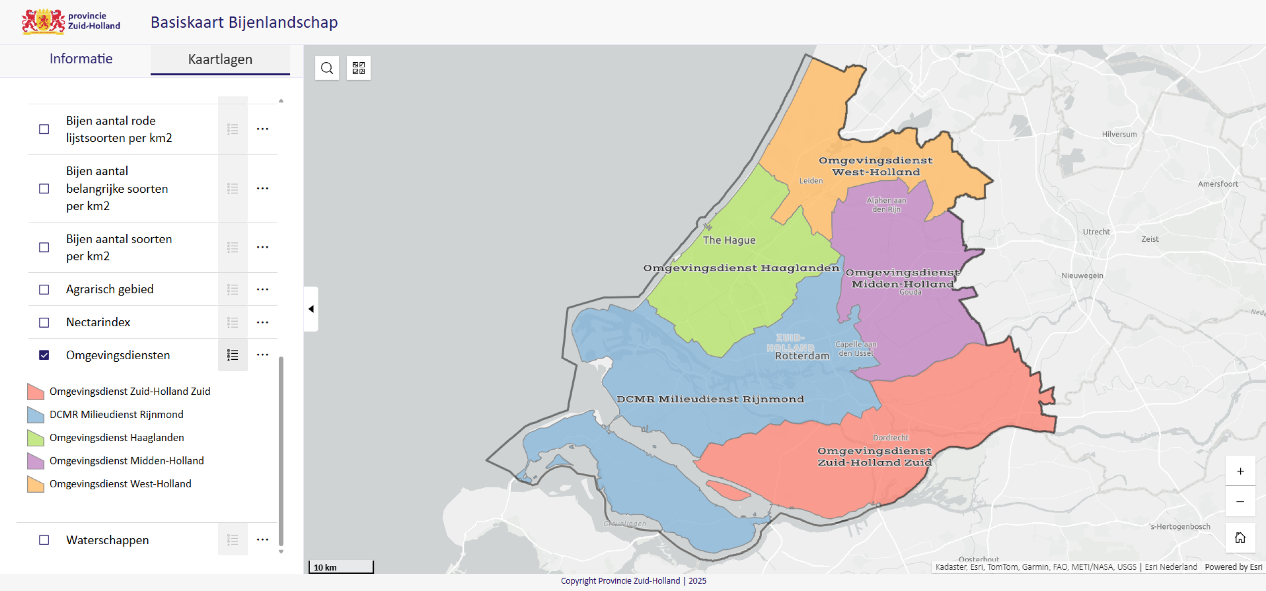 Kaart Zuid-Holland met de regio's van de omgevingsdiensten