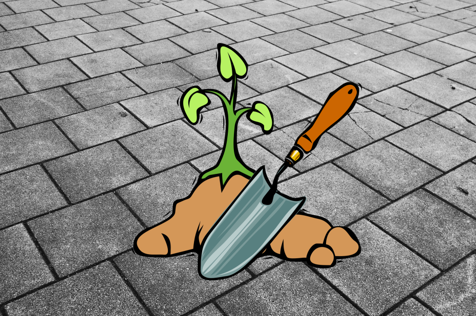 tekening plant met plantschepje met een achtergrond van stoeptegels.