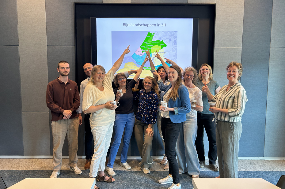 Vertegenwoordigers van bijenlandschappen in Zuid-Holland wijzen hun gebied aan op een kaart van Zuid-Holland