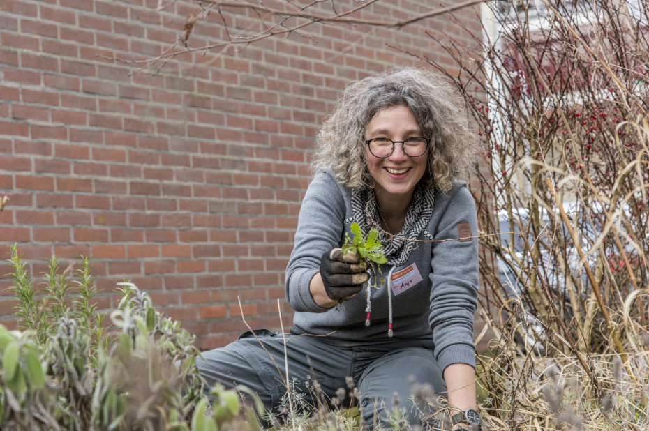 Buurttuinier met een plantje tijdens NLdoet
