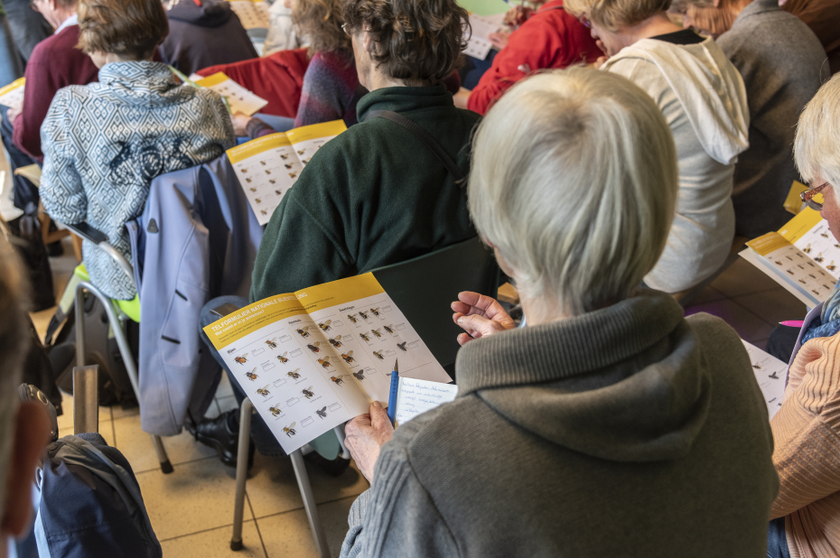 publiek bij een bijenworkshop, iedereen heeft een bijenzoekkaart.