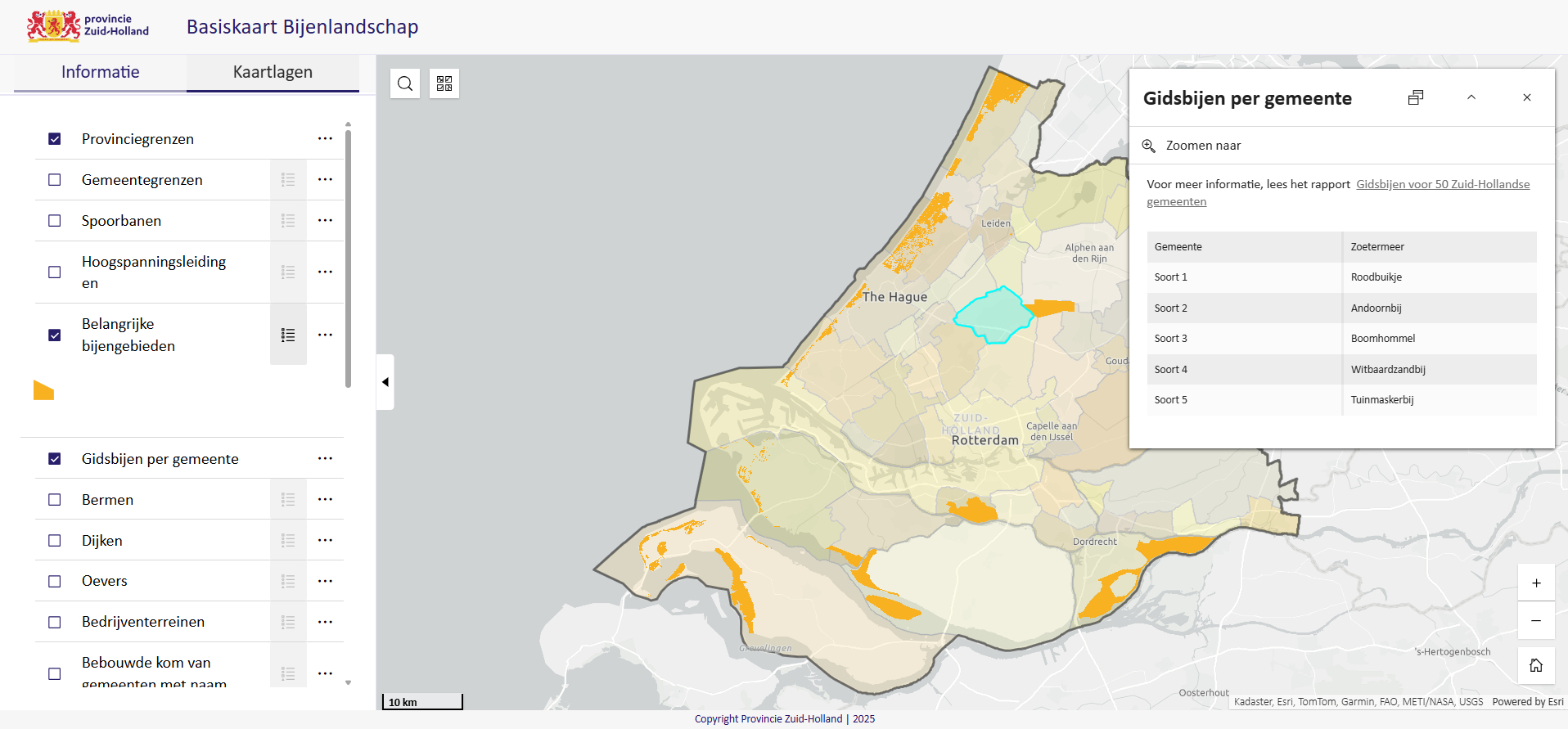 kaar met zuidhollandse gemeente en voorbeeld van gidsbijen van een van de bemeenten