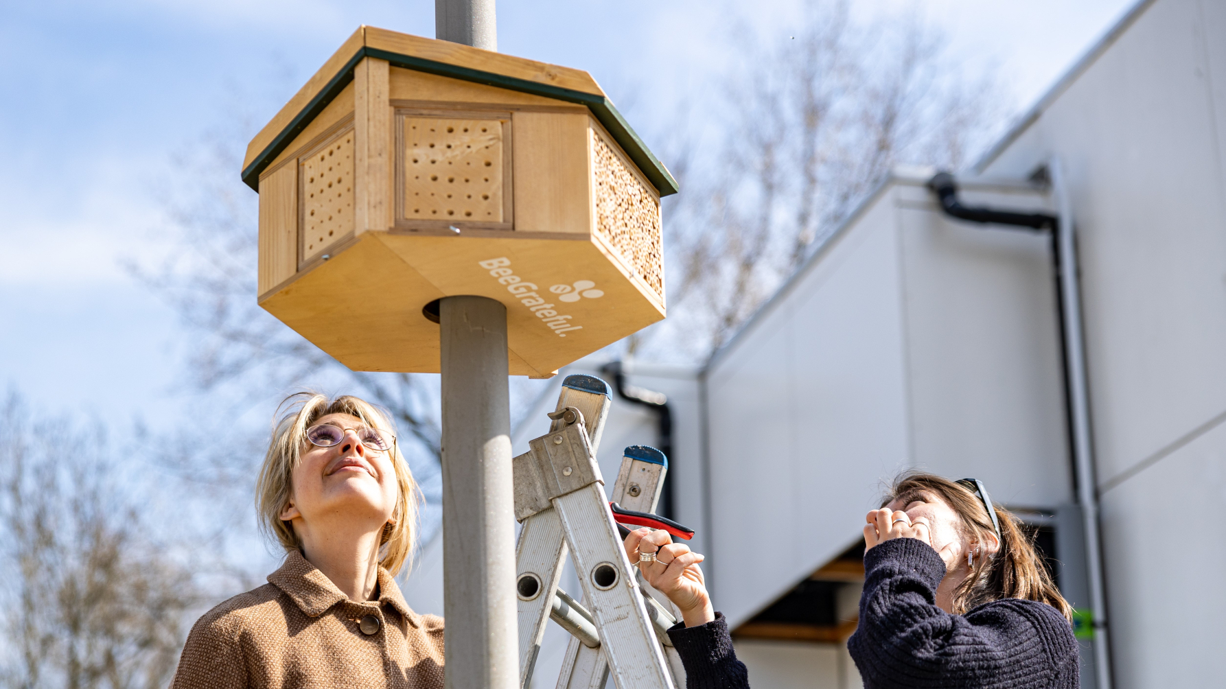 bijenhotel Beegrateful wordt opgehangen aan lantarenpaal