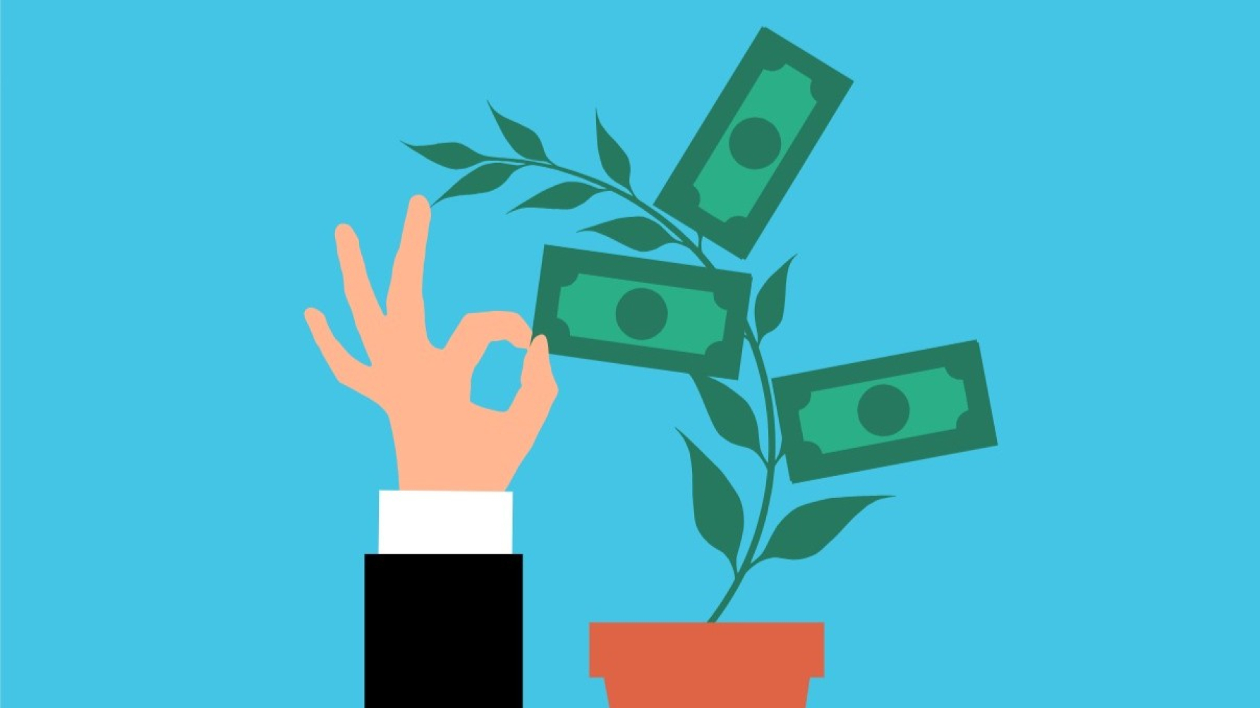 plant met briefjes geld er aan, met een hand die plukt. 