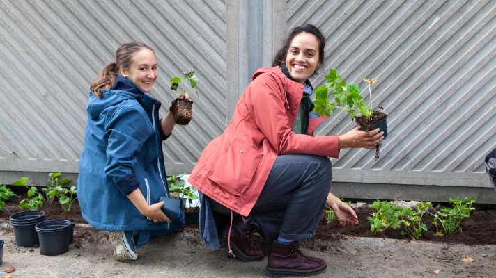 twee vrouwen beplanten een geveltuin