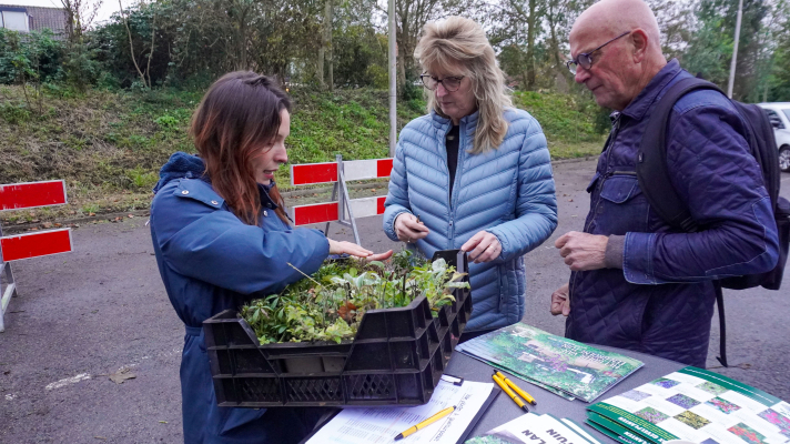 mensen met een krat met plantjes om in de tuin te zetten