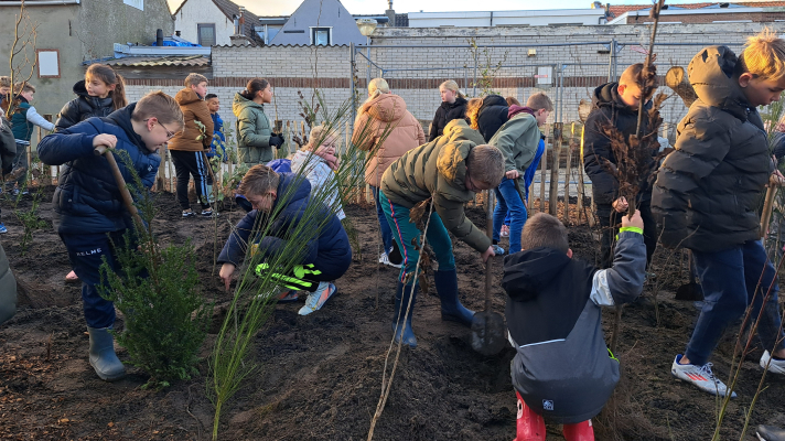 kinderen planten een minibos